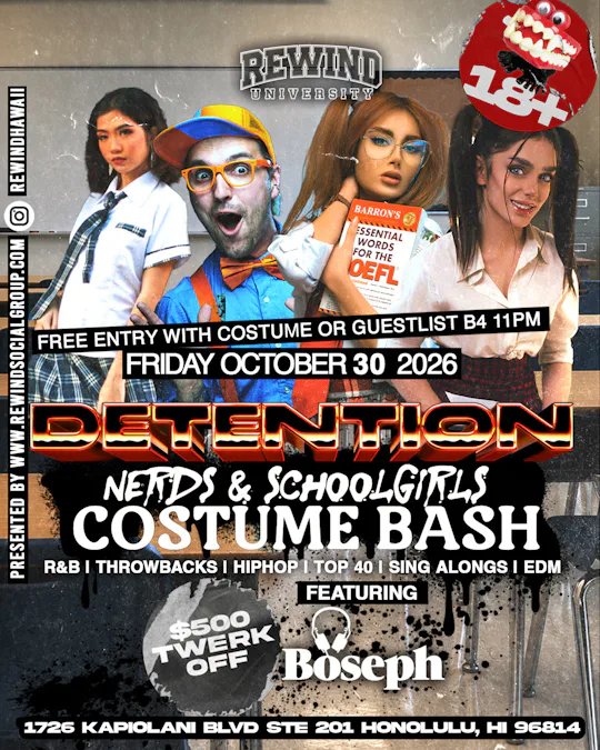 NERDS & SCHOOLGIRLS COSTUME BASH · REWIND U · 18+ | Velvet